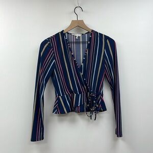 BCBGeneration Striped Y2K Surplice V-Neck Faux Wrap Maxi Blouse Navy